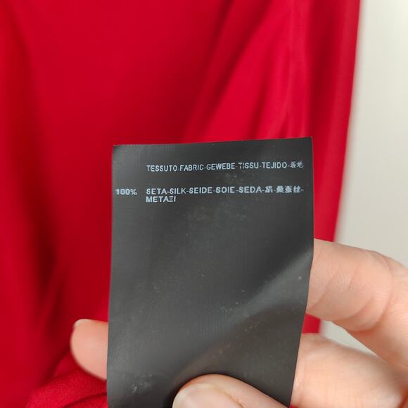 Saint Laurent Blouse Womens FR 40 US 8 Red Silk Puff Sleeve Drawstring Neckline - Picture 11 of 13